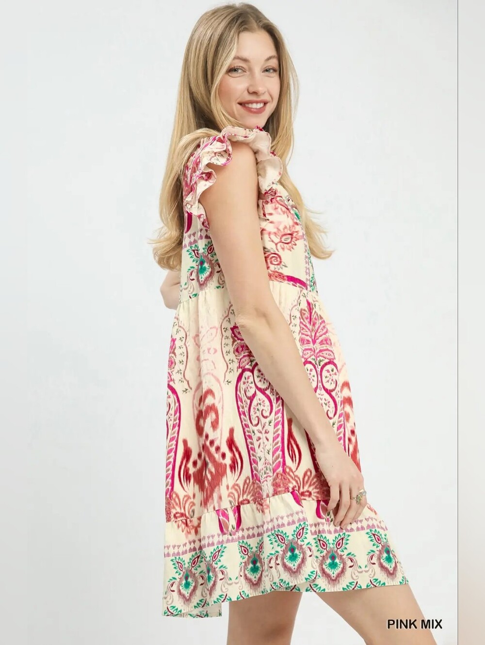 Umgee Mix Ruffle Sleeve Boho Print Dress - Picture 5 of 7